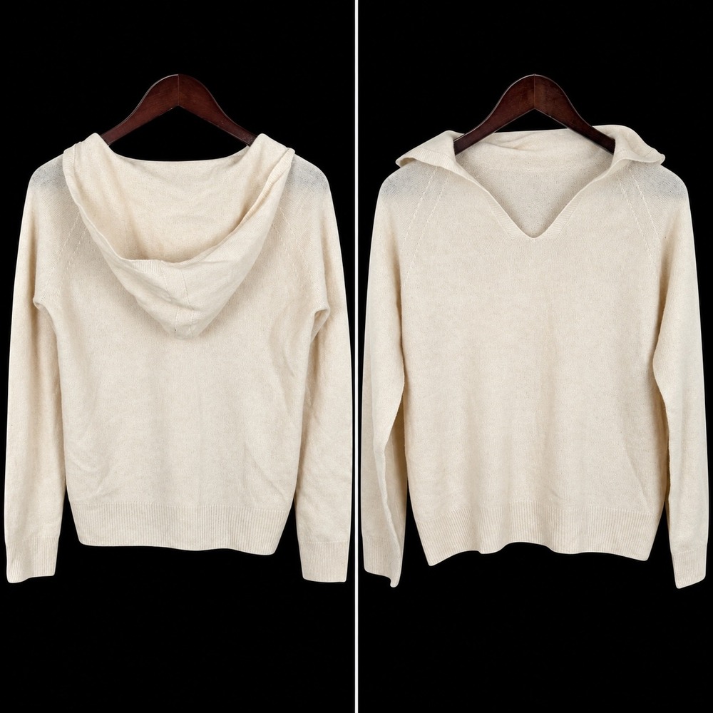 Womens Sweater Sz L 100% Wool Preppy Cream Pull Over Base Layer Hoodie Hooded